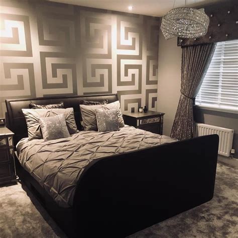 black white versace wallpaper|bedroom with Versace wallpaper.